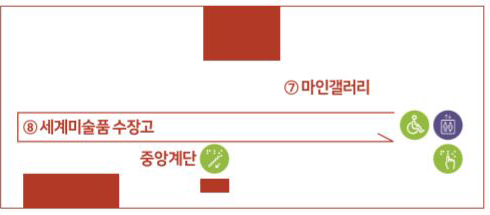 2층 지도. 관람순서대로 엘리베이터, 마인갤러리, 세계미술품 수장고, 중앙계단, 엘리베이터(촉진안내판)가 있습니다.