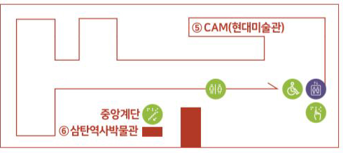 3층 지도. 관람순서대로 엘리베이터, CAM(현대미술관), 삼탄역사박물관, 중앙계단, 엘리베이터(촉진안내판). 중앙계단과 엘리베이터 사이에 화장실이 있습니다.